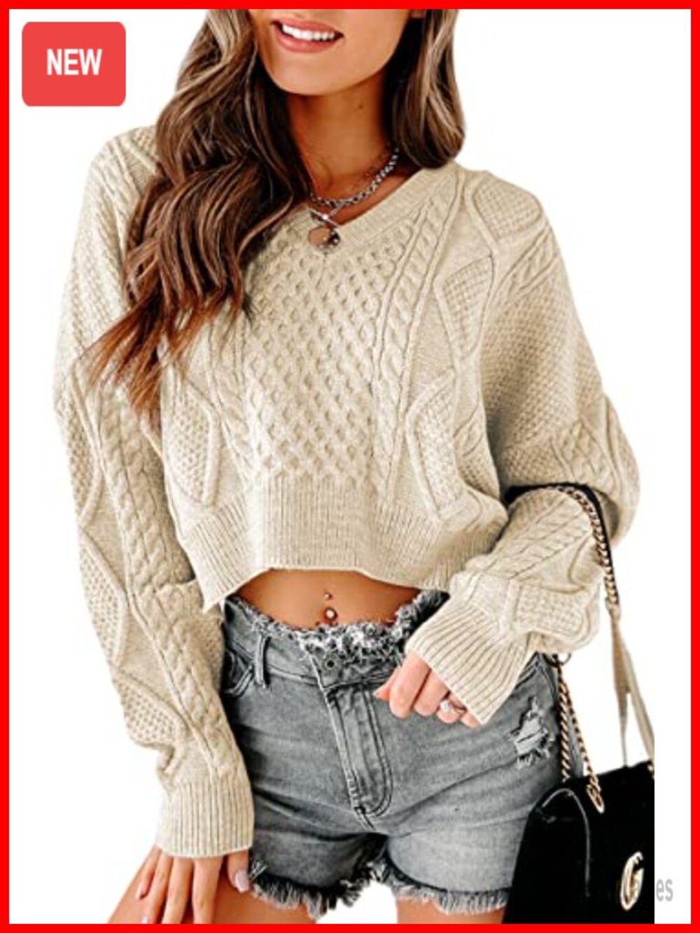 Women's Cropped Cable Knit V Neck Oversized Pullover Sweater